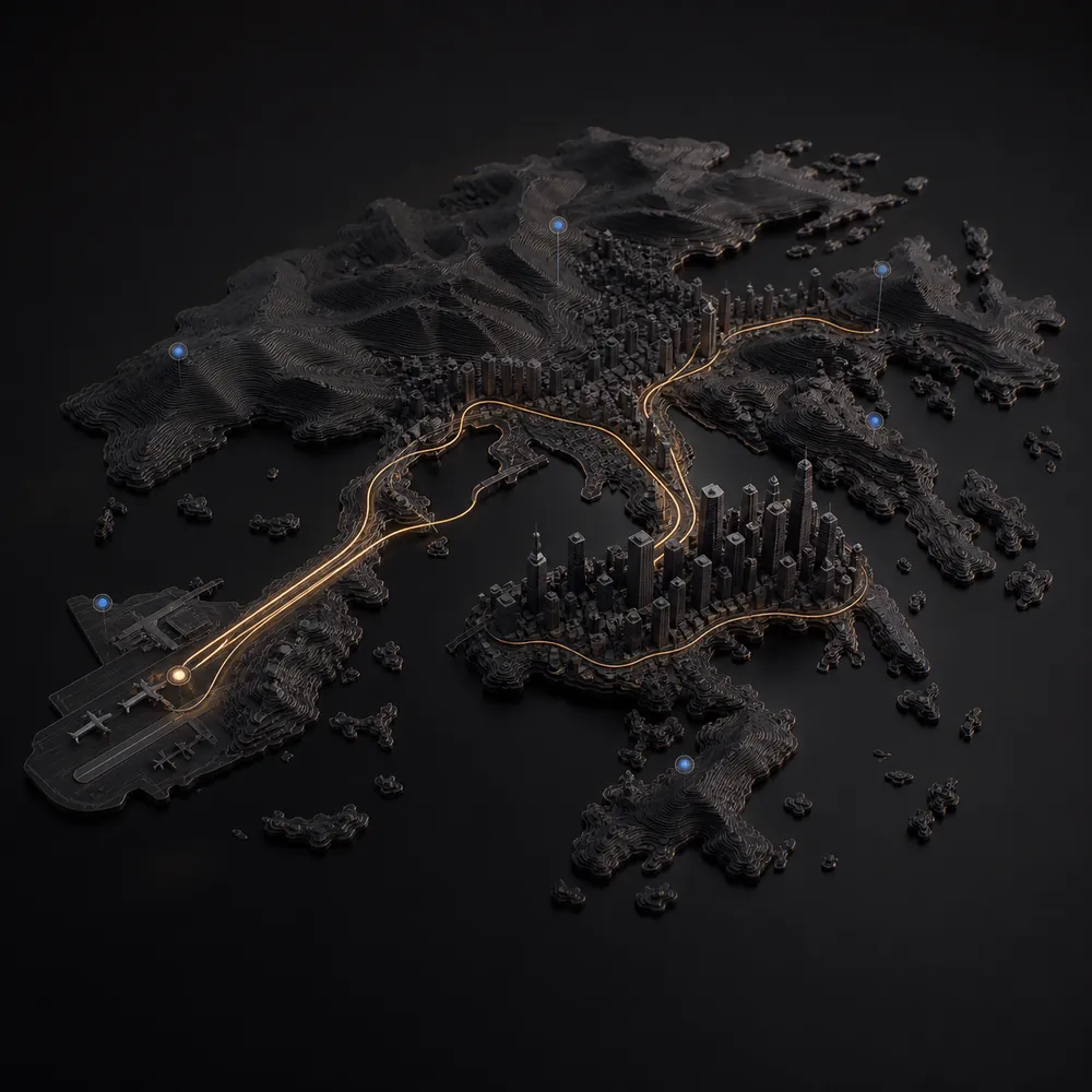 A 3D route map from Hong Kong International Airport into the city